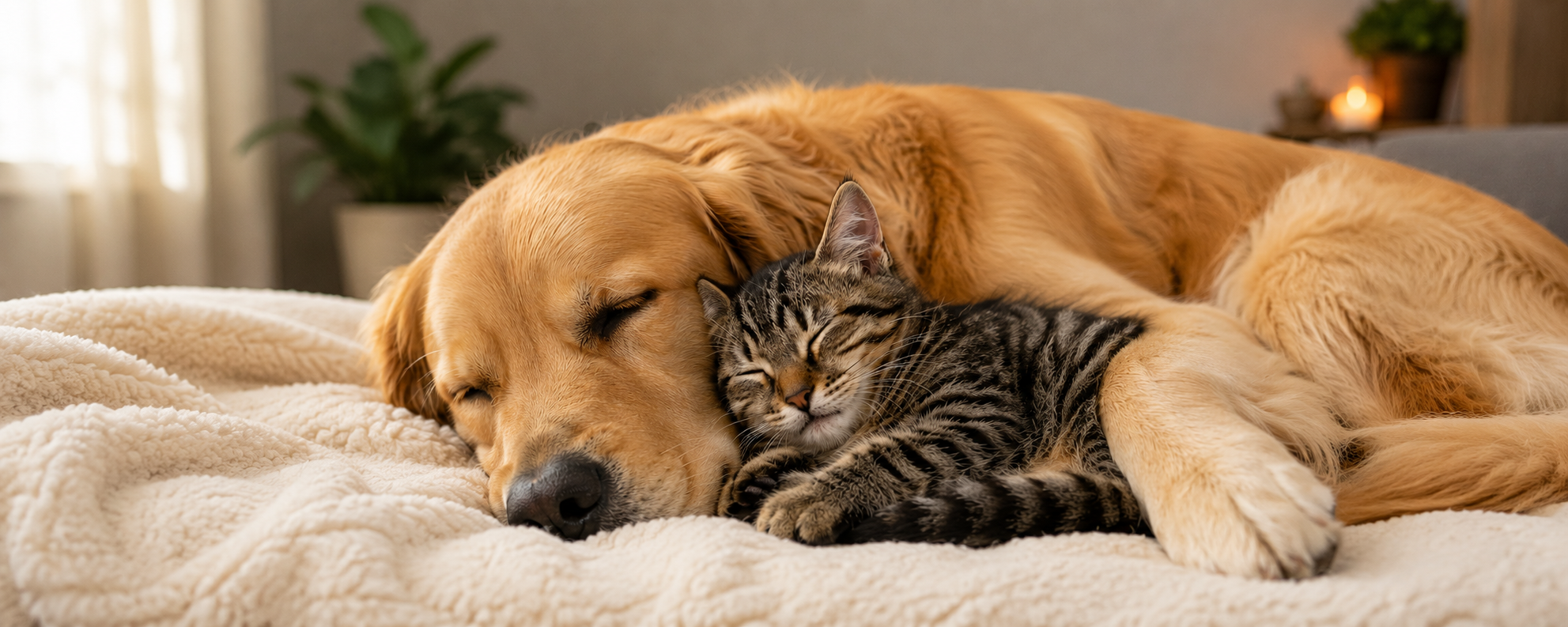 Perro golden y gatito durmiendo juntos sobre una manta suave